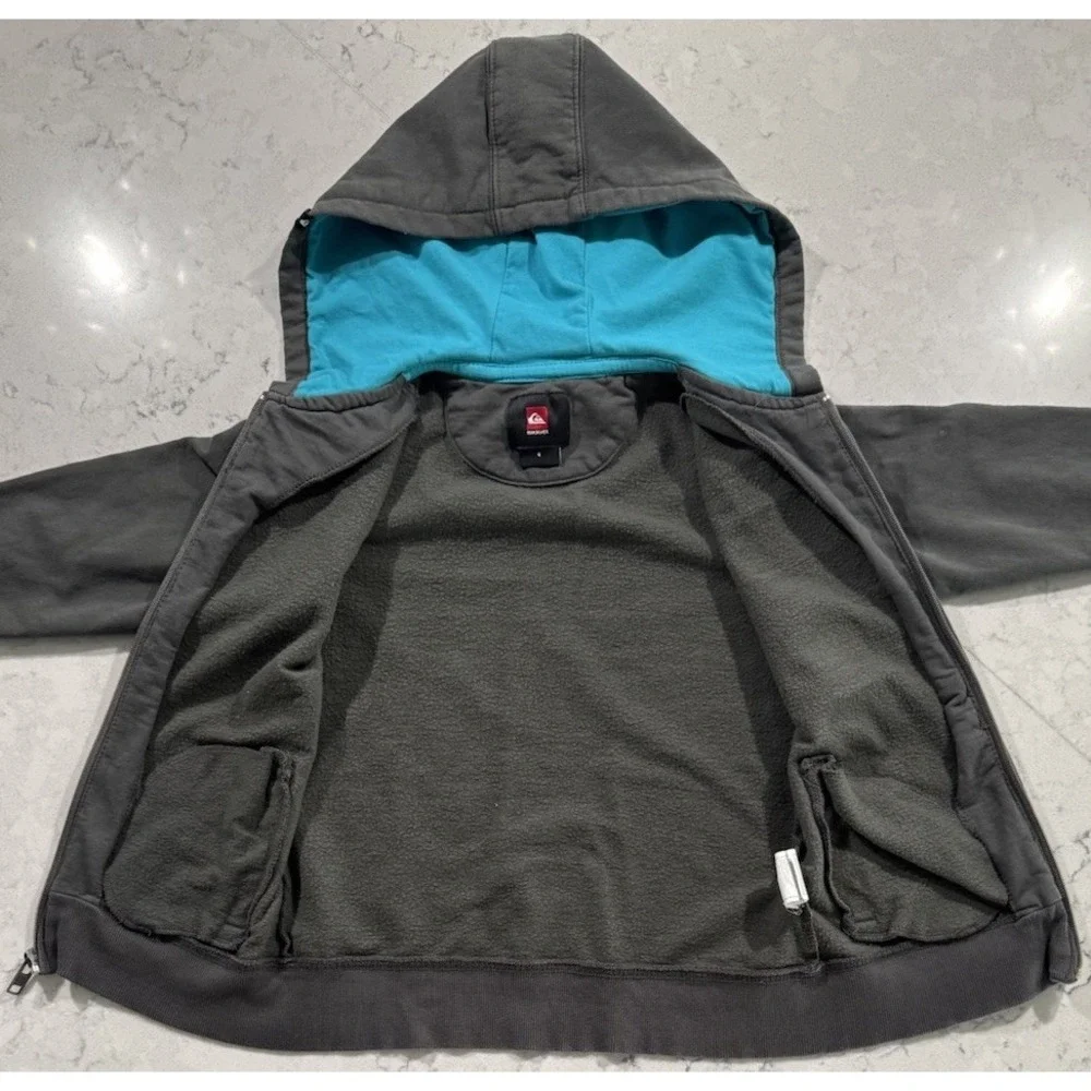 Quiksilver Hoodie Kids Size 6 Gray Fleece Full Zip Graphic Sweatshirt Skate